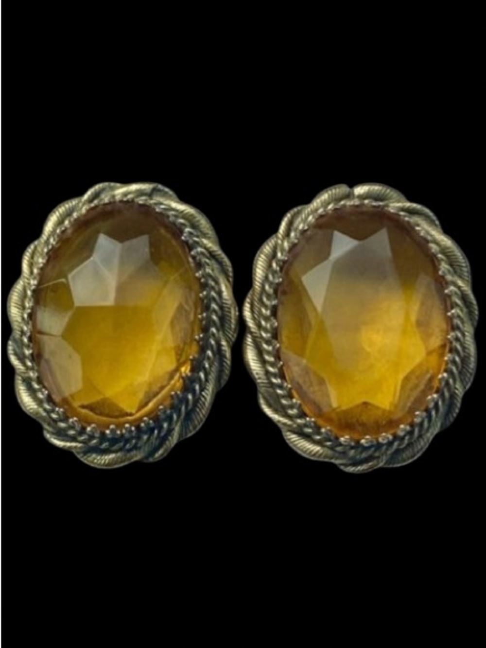 Vtg Whiting & Davis Co. Gold Frame Topas Colored Faceted Glass Clip-on Earrings